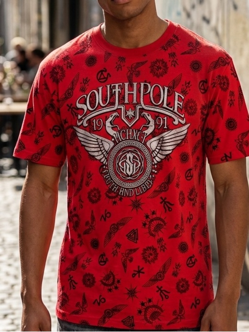 Vtg Y2K Southpole Sz M Red All Over Print Graphic Short Sleeve T-shirt Symbols